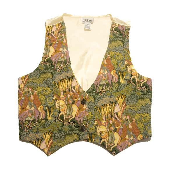 Vintage Tapestry Vest Green 1980's stitched tapestry style renaissance horse sc - Picture 1 of 7